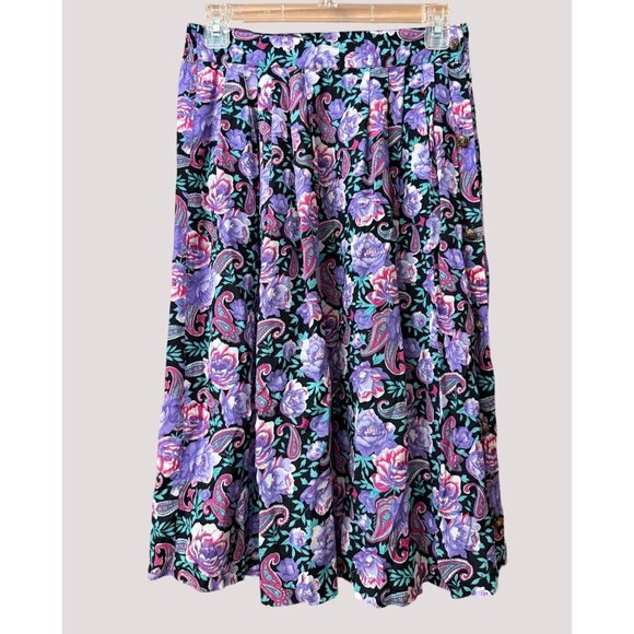 None Dresses & Skirts - Vintage Floral Paisley Purple‎ Midi Skirt Size 10 Elastic Waist 100% Rayon Boho